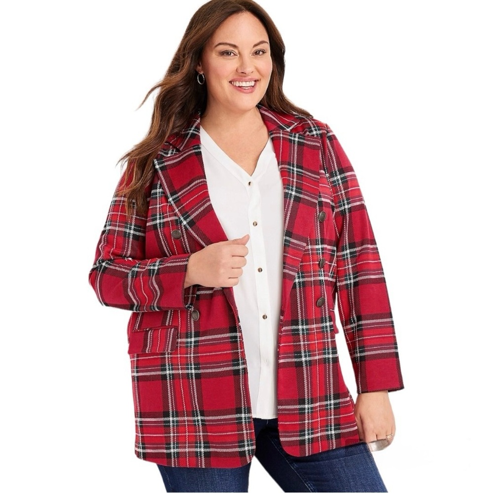 👚 Maurices Red Plaid Oversized Double-Breasted Blazer 👚